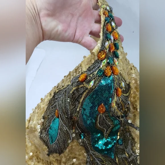 Nina Canacci Gold Peacock Sequin Beaded Dress Rhinestones - Picture 3 of 4